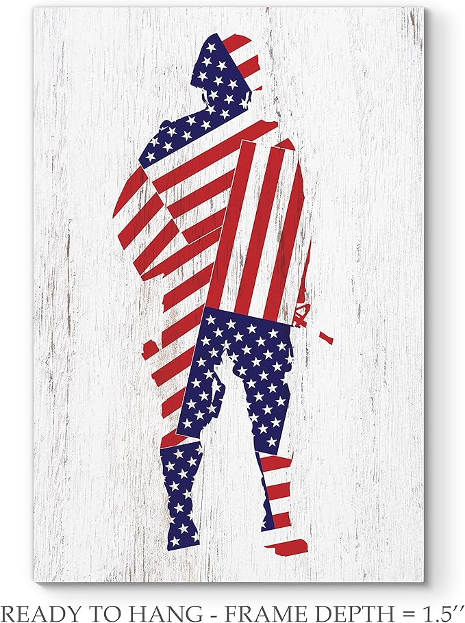 Renditions Gallery Canvas Patriotic Wall Art Home Paintings & Prints Draped American Flag Modern Soldier Canvas Wall Hanging Decorations for Bedroom Office Kitchen - 16"x20" LT25