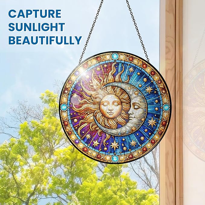 FLAGWIX Spiritual Gifts for Women Men - Stained Glass Window Hanging 8 in for Sun and Moon Decor - Sun Catchers Indoor Window, Boho Suncatchers for Celestial Decor