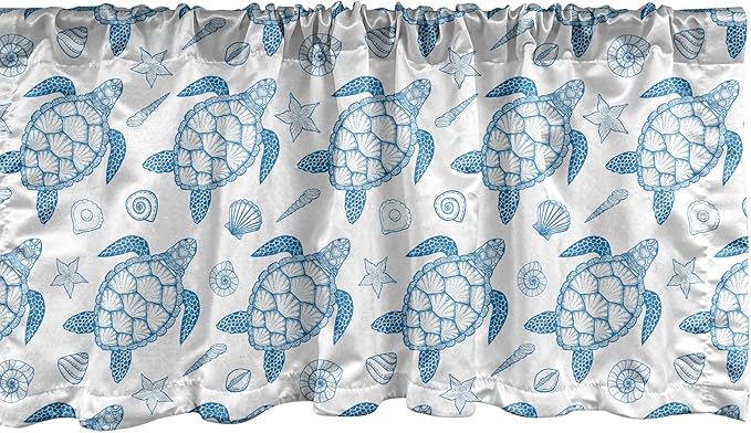Ambesonne Turtle Window Valance Pack of 2, Subaquatic Animals Illustration Monochrome Sea Turtle and Shells Ocean Elements, Rod Pocket Curtain Valances for Kitchen Bedroom, 42" X 12", Blue and White