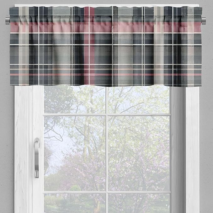 Ambesonne Floral Valance & Tier Curtain 3 pcs Set, Treasured Garden of Spring with Flowers and Calm Colored Tartan Plaid Pattern, Window Treatments for Kitchen Room Decor, 55" x 36", Pink and Grey