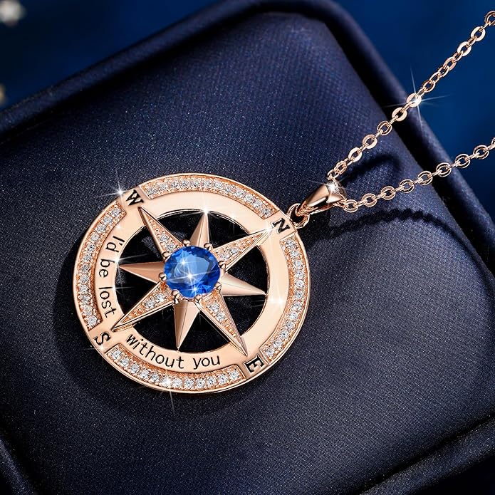 S925 Necklace Birthstone Compass Gift for Women Jewelry Sterling Silver Necklace for Wife Wedding Anniversary Girlfriend Birthday Gifts for Her Valentines Day Mom Mothers Day