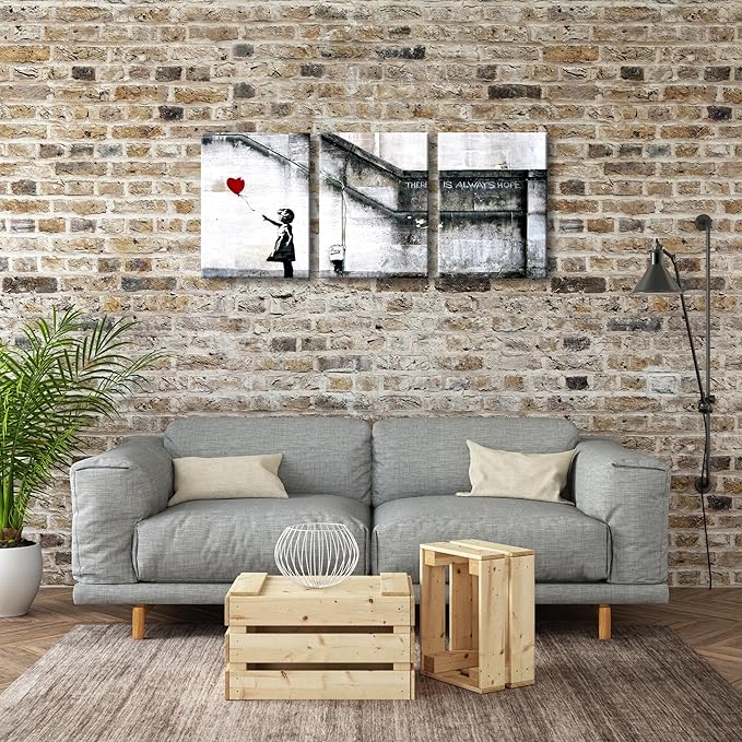 Wieco Art Banksy Grafitti Girl with Red Balloon Modern 3 Piece Famous Canvas Paintings Wall Art Inspirational Grey Love Pictures Print Artwork for Dining Room Kitchen Home Office Decor
