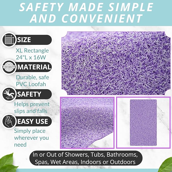 ENKOSI Loofah Non-Slip Shower and Bath Mat - Soft Cushioned Comfort - No Suction Cups for Smooth or Textured Tubs - Fast Draining - Safety for Bathroom, Family, Kids, and Elderly (24x16 Purple)