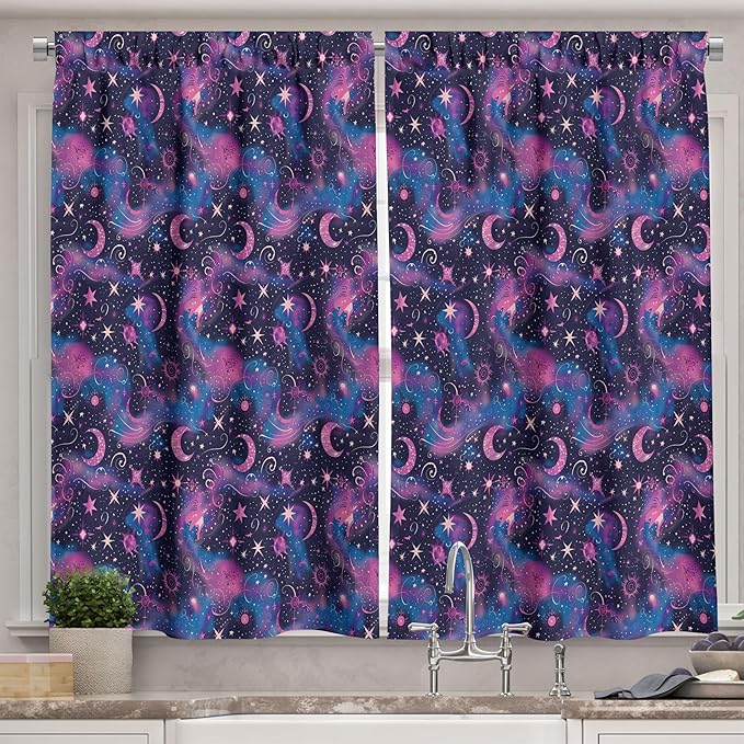 Ambesonne Psychedelic Art Long Kitchen Curtains, Abstract Modern Starry Sky with Moon and Paintbrush Dots Back, 2 Panel Set Drapes with Rod Pocket Room Decor, 55" x 45", Dark Night Blue Fuchsia