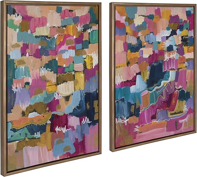 Kate and Laurel Sylvie Applause Framed Canvas Wall Art by Leah Nadeau, Set of 2, 23x33 Gold, Multicolored Abstract Art Collection for Wall