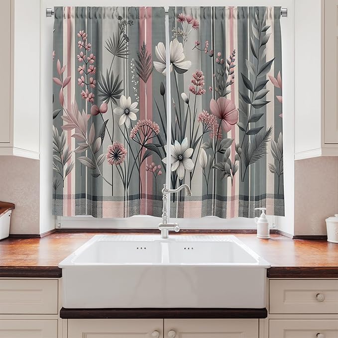 Ambesonne Flowers Long Kitchen Curtains, Modern Muted Tones Dreamy Floral with Romantic Art Feels on Plaid Stripes, 2 Panel Set Drapes with Rod Pocket Room Decor, 55" x 45", Pink and Grey
