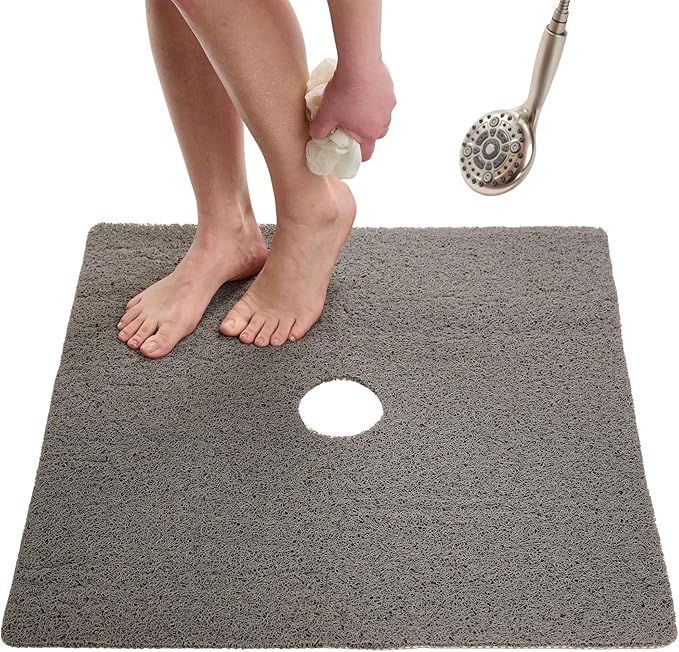 Enkosi Loofah Shower Mat with Drain Hole – Cushioned Anti-Slip Square Bath Mat for Showers, and Bathroom Floors – Textured PVC, Non Slip Safety Pad for Walk-in Stalls and Wet Areas (27x27 Grey)