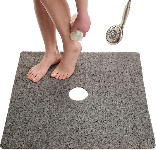 Enkosi Loofah Shower Mat with Drain Hole – Cushioned Anti-Slip Square Bath Mat for Showers, and Bathroom Floors – Textured PVC, Non Slip Safety Pad for Walk-in Stalls and Wet Areas (27x27 Grey)
