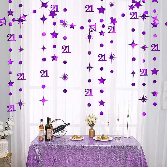 Purple Number 21 Circle Dot Twinkle Star Garland Metallic Hanging Streamer Bunting Banner Backdrop Decoration for Girls Boys 21st Birthday Finally Legal Twenty One Anniversary Wedding Party Supplies