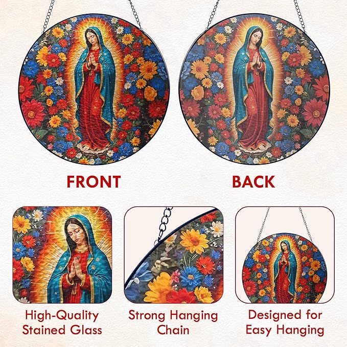 FLAGWIX Christian Gifts for Women - Virgen De Guadalupe Stained Glass Window Hanging 8 in - Religious Gifts for Women, Our Lady of Guadalupe Sun Catchers Indoor Window for Hanging Decor