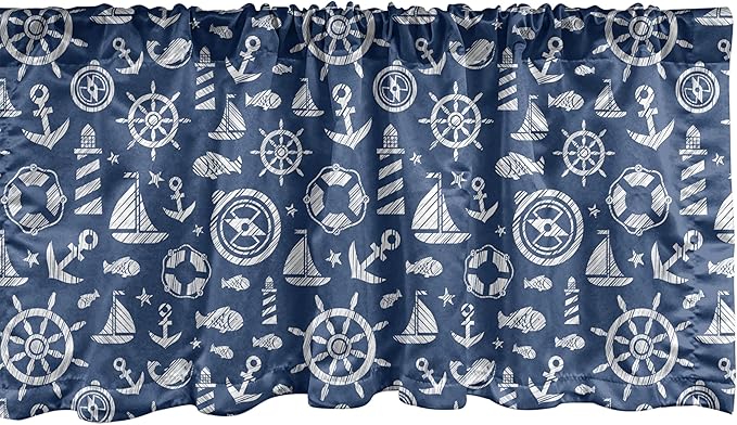 Ambesonne Sailboat Window Valance, Diagonal Hatched Nautical Elements Ship's Wheel Anchor and Marine Animals, Curtain Valance for Kitchen Bedroom Decor with Rod Pocket, 54" X 18", Blue White