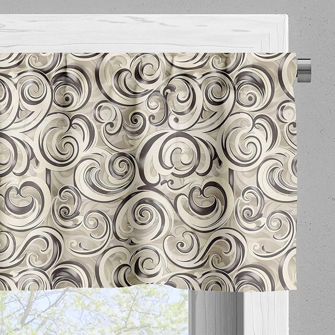 Ambesonne Abstract Window Valance Pack of 2, Modern Interpretation Victorian Curlicue Leafy Stripes Nude Tones, Rod Pocket Curtain Valances for Kitchen Bedroom, 42" X 12", Dusk Dark Taupe Off White