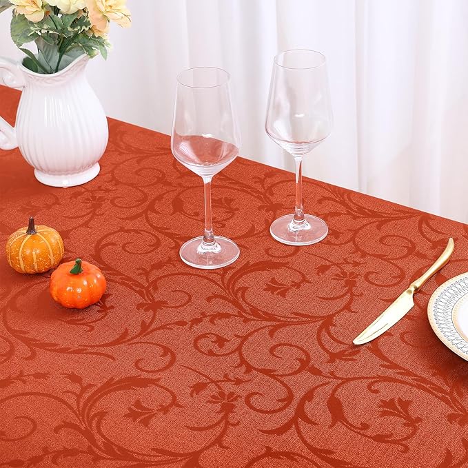misaya Rectangle Thanksgiving Tablecloth, Waterproof Jacquard Fall Table Cloth, Damask Cloth Table Cover for Harvest Decor (60" x 102", Rust Vine Pattern)