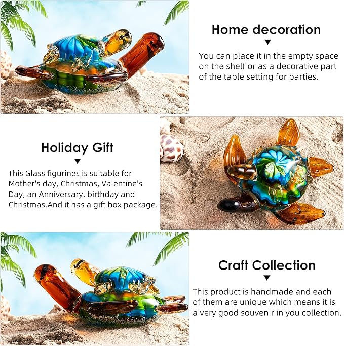 EUSTUMA Hand Blown Glass Sea Turtle Figurines Ornament,Sea Animal Ornament for Home Decor,Sea Animals Collection for Birthday Gift,Glass Tortoise Sculpture