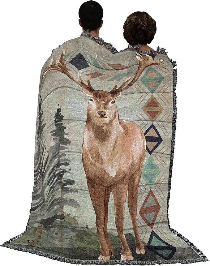 Pure Country Weavers Animals Lodge Deer Elk 2 Blanket by Nicole DeCamp - Wildlife Lodge Cabin Gift Tapestry Throw Woven from Cotton - Made in The USA (72x54)