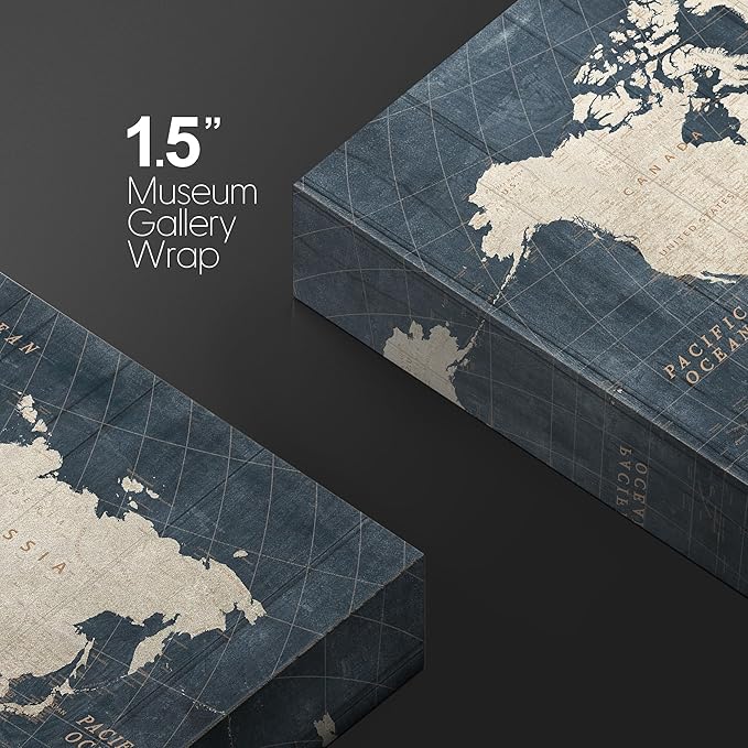 wall26 Canvas Print Wall Art Vintage Navy Blue World Map Classic World Atlas Digital Art Modern Art Traditional Colorful for Living Room, Bedroom, Office - 24"x36"