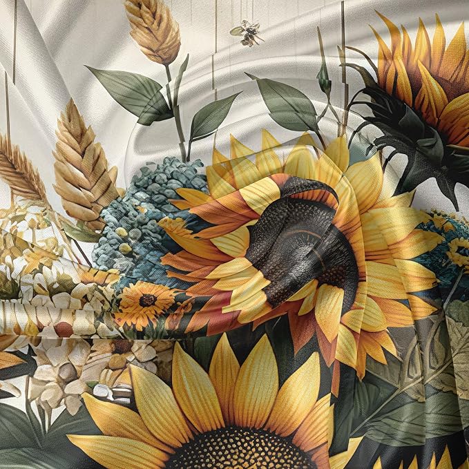 Ambesonne Farmhouse Valance & Tier Curtain 3 pcs Set, Dream Illustration of Sunflowers and Cow with Flying Bees Cottagecore, Window Treatments for Kitchen Room Decor, 55" x 30", Mustard Eggshell Cocoa