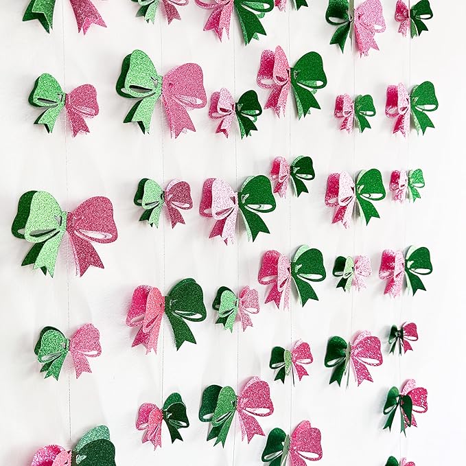 6PCS Pink and Green Party Decorations 3D Green Pink Conquette Bow Garland Witch Party Decorations Double Layer Bow Banner Streamers for Girls Witch Kids Wizard Birthday Baby Shower Decor Supplies