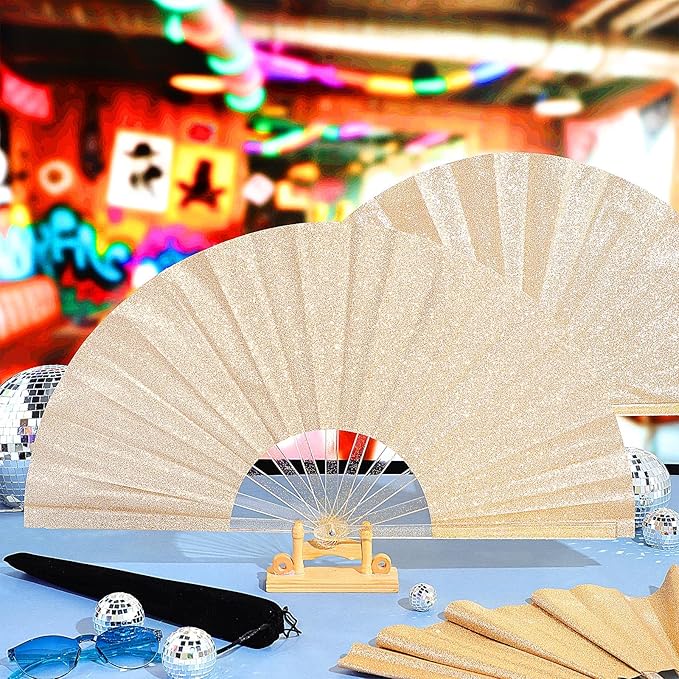 Blulu 4 Pcs 13 Inch Large Folding Hand Fans for Line Dancing Big Clapping Popping Raves Fans Bulk for Dancing Boots on The Ground Festival Party Decoration(Classic Style, Gold)