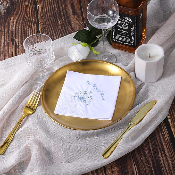 For Happy Tears Handkerchief, 6 Pcs Embroidered Wedding Handkerchief Cotton Hankies for Bride, Groom, Bridesmaid, Mother of the Bride, White & Blue, 12" x 12"