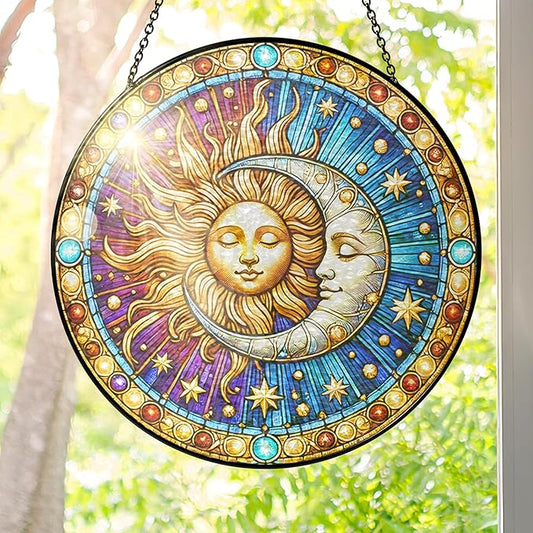 FLAGWIX Christmas Spiritual Gifts for Women Men - Stained Glass Window Hanging 10 in for Sun and Moon Decor - Sun Catchers Indoor Window, Boho Suncatchers for Celestial Decor, Christmas Decorations