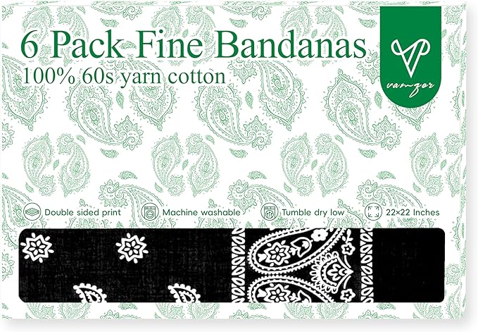 Vamqor Bandanas Gift Box 6 pack,Premium Super Soft 60s Cotton Paisley Bandannas Handkerchiefs for Men,Women and Kids