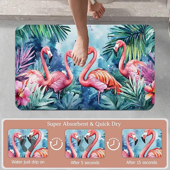 Bath Mat,Flamingo Tropical Bathroom Rugs,Quick-Drying Non-Slip Rubber Bath Mats Exotic Leaves Flower Absorbent Diatomaceous Earth Mat for Bathroom Home Decor 17"x29.5"