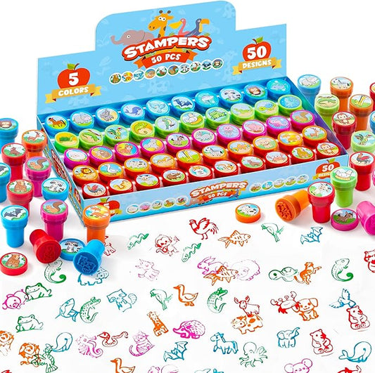 JOYIN 50 Pcs Animal Stamps for Kids, with 50 Different Designs, Farm,Sea Animals,Stamps for Crafting, Prize Box Toys for Classroom, Kids Party Favor, Goodie Bag, Halloween, Christmas