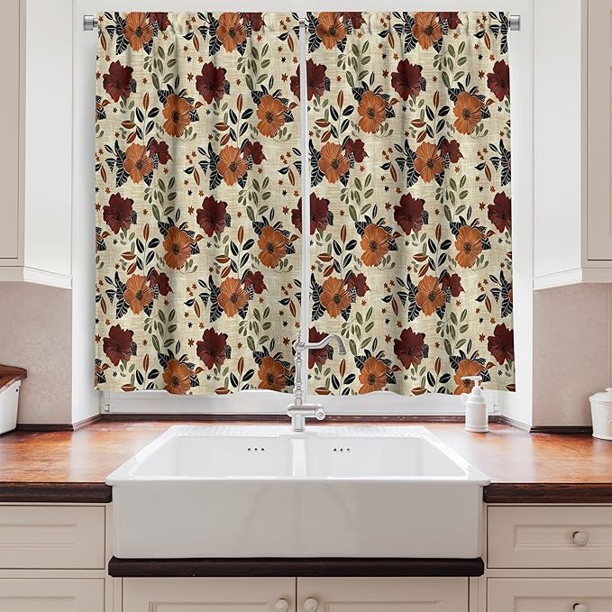 Ambesonne Floral Kitchen Curtains, Vintage Illustration Print of Farmhouse Flowers and Leaves Plain Back, Window Drapes 2 Panel Set for Kitchen Cafe Decor, 55" x 36", Maroon Amber Grey Yellow