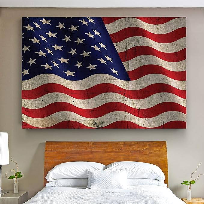 Renditions Gallery Canvas Nationalistic Wall Art Home Paintings & Prints Artwork Waving American Flag Modern Patriotic Canvas Pride Decorations for Bedroom Office Kitchen - 16"x20" LT25