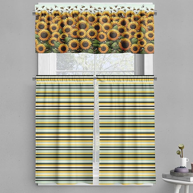 Ambesonne Summer Tones Valance & Tier Curtain 3 pcs Set, Cottagecore Sunflowers Scenario with Flying Bees and Modern Stripes, Window Treatments for Kitchen Room Decor, 55" x 45", Mustard Reseda Green