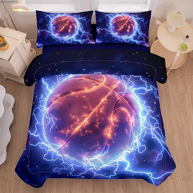 Helloosun 5PCS Basketball Comforter Set Twin,Sports Bedding Sets for Boys,Twin Comforter Sets for Boys,Blue Lightning Basketball Bedding Set with Sheets