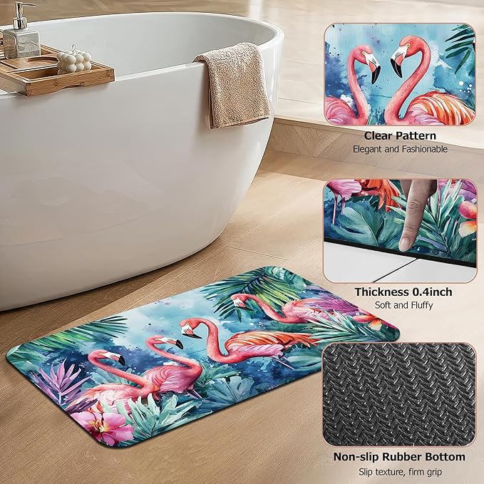 Bath Mat,Flamingo Tropical Bathroom Rugs,Quick-Drying Non-Slip Rubber Bath Mats Exotic Leaves Flower Absorbent Diatomaceous Earth Mat for Bathroom Home Decor 17"x29.5"