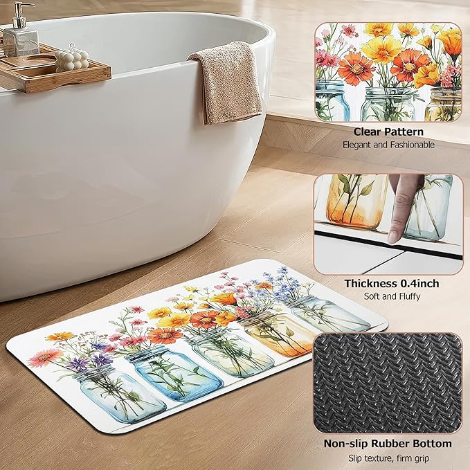 Color Floral Bath Mat,Diatomaceous Earth Bath Mat,Rubber Backing Quick Dry Absorbent Washable Bathroom Rugs for Tub Non Slip 17"x29.5"