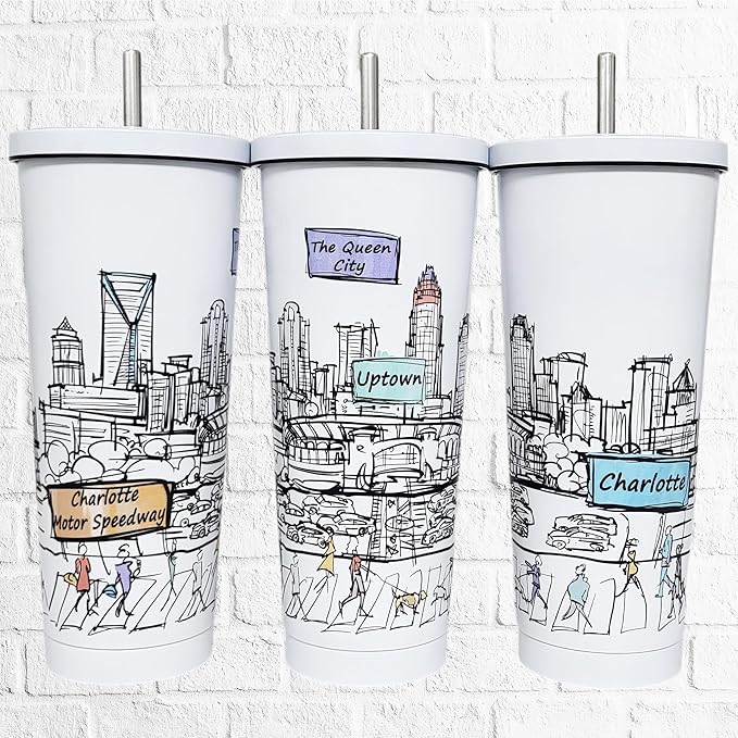 Cities Around the World 25 Oz Tumbler Series - Designed in the USA - Vacuum Insulated Tumbler with Lids & Straw - Stainless Steel Coffee Water Travel Mug, Cup for Hot Cold Drink (Charlotte)