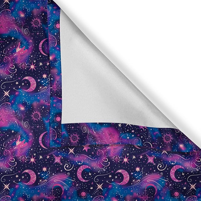 Ambesonne Mystical Valance & Tier Curtain 3 pcs Set, Trippy Magic Whimsical Starry Night with Moon Sun and Planets Print, Window Treatments for Kitchen Room Decor, 55" x 36", Dark Night Blue Fuchsia