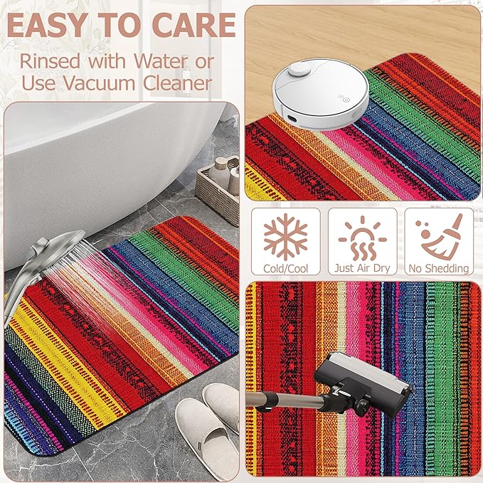 Mexican Bathroom Rugs,Bath Mats for Bathroom,Ethnic Stripes Rainbow Low Pile Absorbent Bath Mat,Rubber Backing Non Slip Washable Thin Quick Dry Door Mat 17x29.5 Inch