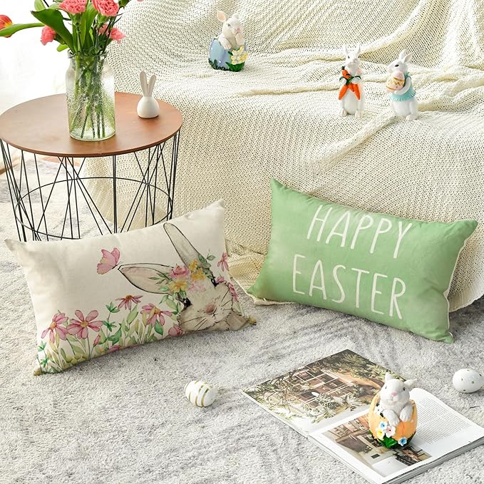 AVOIN colorlife Happy Easter Hunny Bunny Green Throw Pillow Covers, 12 x 20 Inch Easter Eggs Bunny Spring Cushion Case for Sofa Couch Set of 4