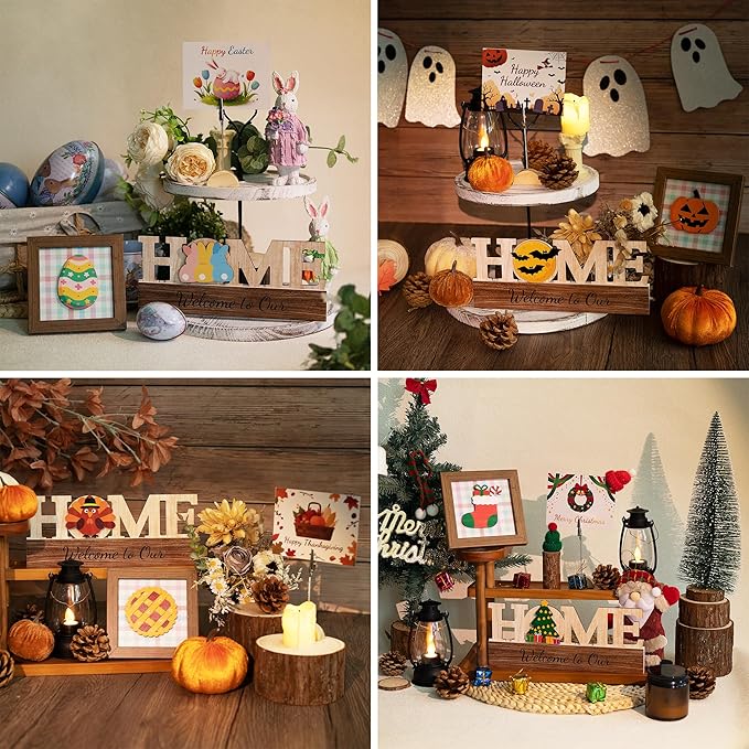 48 Pcs Christmas Tiered Tray Decor Interchangeable Seasonal Home Decor Wooden Signs 17 Themes Thanksgiving Tiered Tray Decorations Set Year Round Holiday Decoration for Home
