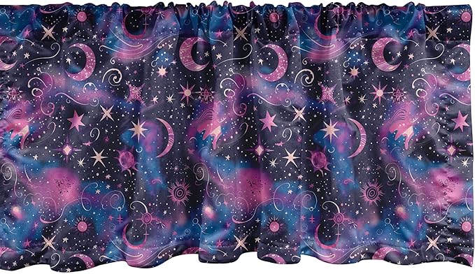 Ambesonne Celestial Window Valance Pack of 2, Fantasy Dream Oriental Astronomy Art Crescent and Starry Atmosphere, Rod Pocket Curtain Valances for Kitchen Bedroom, 54" X 12", Dark Night Blue Fuchsia