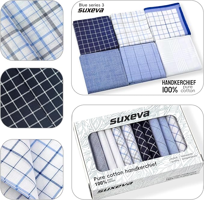 Gifts Cotton Handkerchiefs 100% Soft Cotton 12-Pack White handkerchif and Blue cotton handkerchief for Men and Women