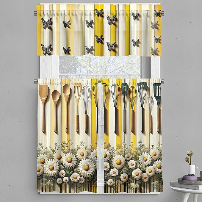 Ambesonne Summer Valance & Tier Curtain 3 pcs Set, Dotted Butterflies with Stripes and Blossoming Daisy Meadow Print, Window Treatments for Kitchen Room Decor, 55" x 30", Yellow Reseda Green and Beige