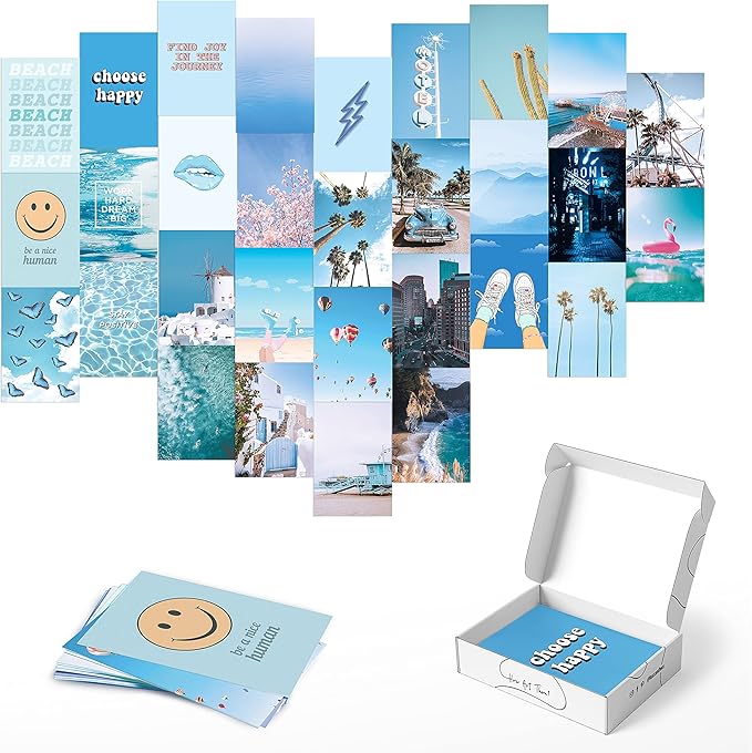 Haus and Hues Photo Collage Kit for Wall Aesthetic Decor Beach Aesthetic Posters for Wall Collage | Blue Room Decor (Blue Set of 30)