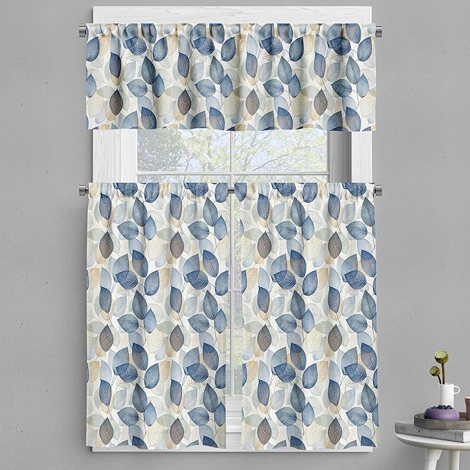 Ambesonne Botanical Valance & Tier Curtain 3 pcs Set, Contemporary Leaves Paint Print in Cold Tones A Winter Call Theme, Window Treatments for Kitchen Room Decor, 55" x 30", Dark Night Blue and Beige