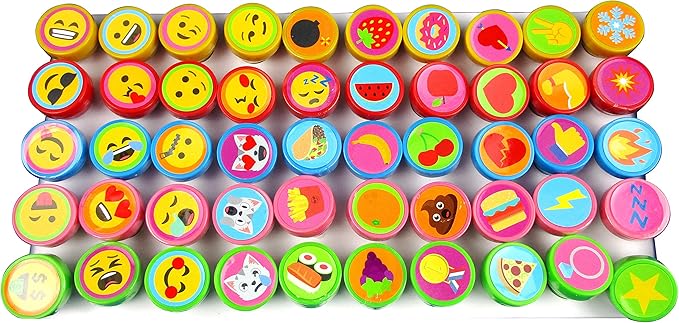 TINYMILLS 50 Pcs Emoji Stamps for Kids – Self-Inking Emoji Assorted Stampers (50 Different Designs), Emoji Birthday Party Favors, Piñata Fillers, Game Prizes, Classroom Rewards, Teacher Stamps