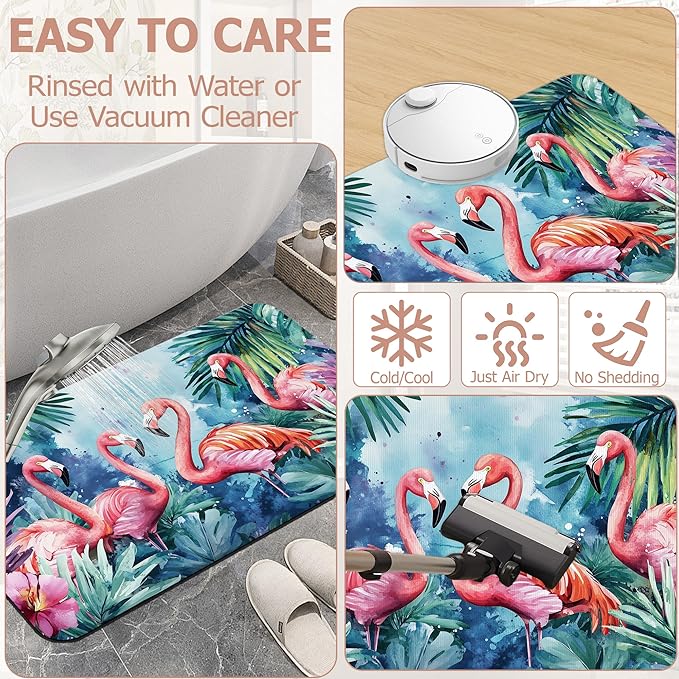 Bath Mat,Flamingo Tropical Bathroom Rugs,Quick-Drying Non-Slip Rubber Bath Mats Exotic Leaves Flower Absorbent Diatomaceous Earth Mat for Bathroom Home Decor 17"x29.5"