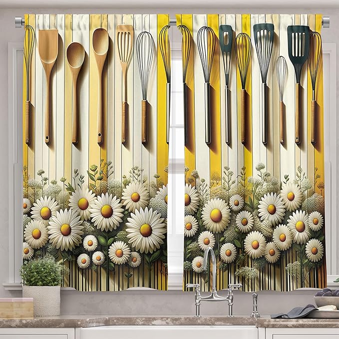 Ambesonne Summer Valance & Tier Curtain 3 pcs Set, Dotted Butterflies with Stripes and Blossoming Daisy Meadow Print, Window Treatments for Kitchen Room Decor, 55" x 30", Yellow Reseda Green and Beige