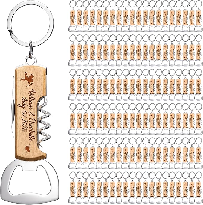 120PCS Personalized Wooden Multifunctional Bottle Opener, Customized Favors Gifts for Wedding Birthday Party, Engraved Bottle Opener Keychains for Guest