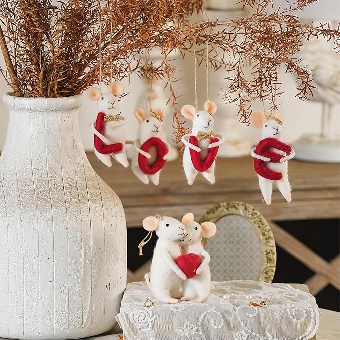 SOFFEE DESIGN Set of 5 Felt Mice Souvenirs Gifts for Wedding, Christmas Hanging Ornaments White Felt Mouse Animal Figurines Tabletop Decor for Anniversary Party Valentine's Day Gift for Women