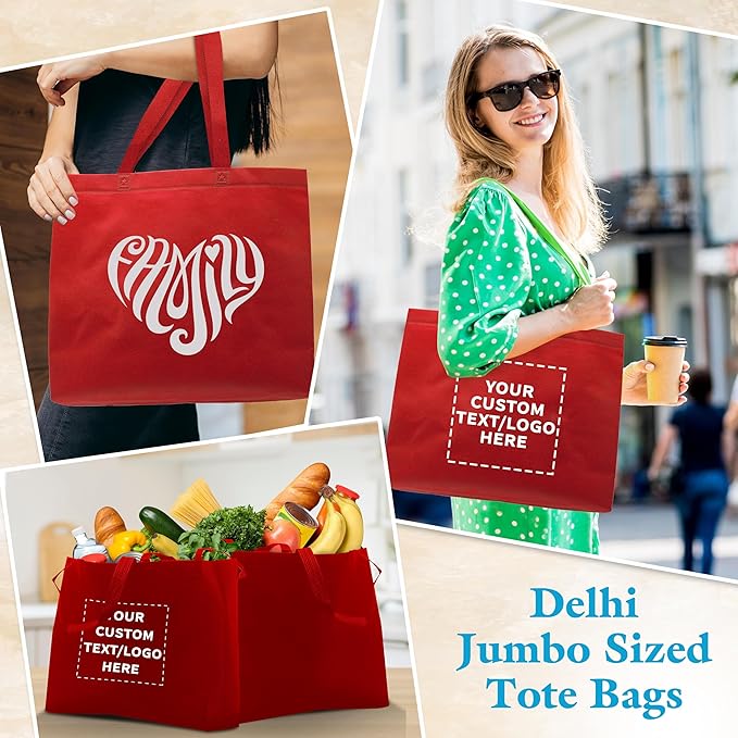 DISCOUNT PROMOS Custom Jumbo Sized Tote Bags Set of 100, Personalized Bulk Pack - Reusable Grocery Bags, Shopping Bags, Promotional Item Totes for Women - Red